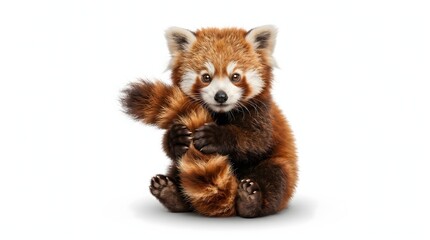 Cute Baby Red Panda Sitting Holding Striped Tail on White Background