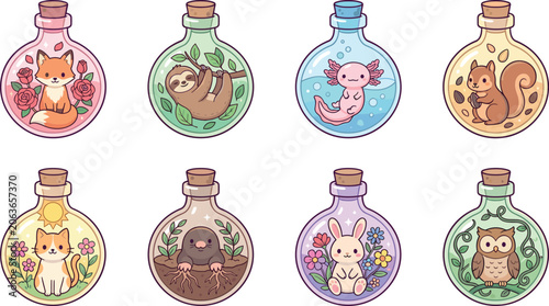 Photos Cute animal characters vector illustration set trapped inside magical glass poti