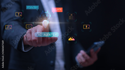 Фотография Focused businessman uses finger touch interface during digital ai orchestration