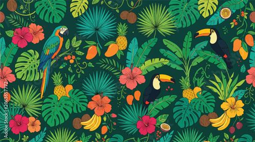 Obraz na plátně Exotic wildlife and botanical elements compose a beautiful, vibrant tropical jun