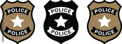 Billede på lærred Police badge, shield icon set, with police insignia symbols representing law enforcement authority, justice system identity, and public security services