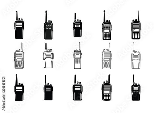 Walkie Talkie Radio Icon Set, Two Way Communication Device Silhouette Collection Isolated on White Background