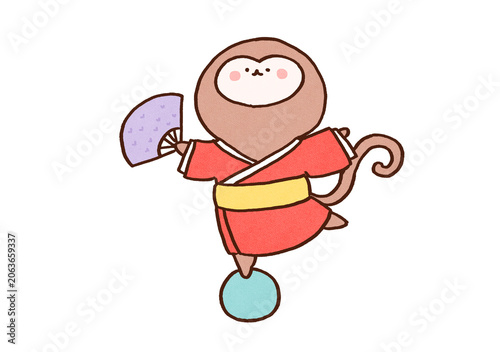 Photography Monkey in a kimono holding a folding fan and standing on one leg on a ball, monk