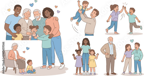 Foto Happy multigenerational family illustration collection with diverse parents chil