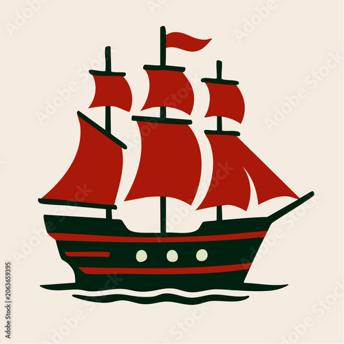 Vintage Sailing Ship with Red Sails.