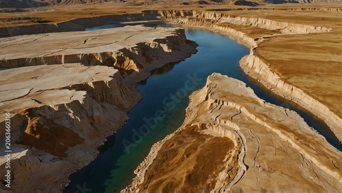 Generative AI illustration: an aerial view of river in the desert with detailed texture