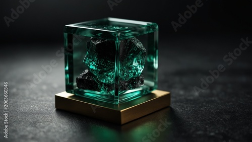 Close up of green diamond on black surface, 3d render style background - Generative AI