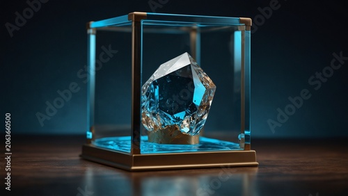 Diamond in glass box on table, 3d render style background - Generative AI