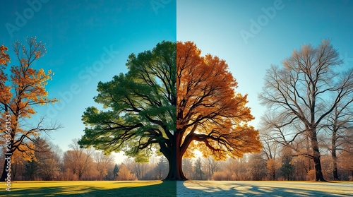 Four Seasons Tree Oil Painting, Chiaroscuro Seasonal Nature Landscape