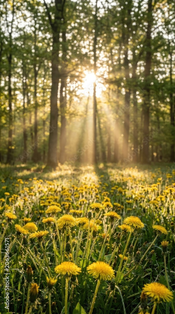Obraz premium Sunlight Streaming Through Forest Trees Over Yellow Dandelions in Spring