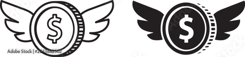 Obraz na plátně Black and white dollar sign icon with wings symbolizing money growth or success vector illustration representing financial freedom, wealth expansion and profitable business opportunities