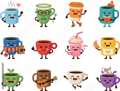 Cartoon coffee cups, colorful mug characters, animated beverages, funny tea icons