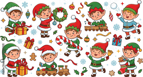 Christmas Elf Vector Element Bundle Featuring Cute Santa Helpers Packing Gifts, Building Wooden Toys, and Decorating Wreaths for Festive Winter Designs