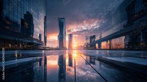 City skyline shows buildings and sunset with reflections on surface near modern architecture in an urban area
