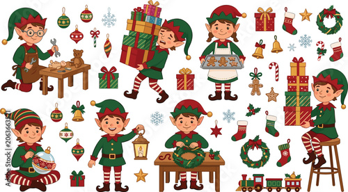 Christmas Elf Workshop Vector Clipart Set with Cute Santa Helpers Making Toys, Carrying Gifts, Baking Gingerbread, and Decorating Holiday Wreaths