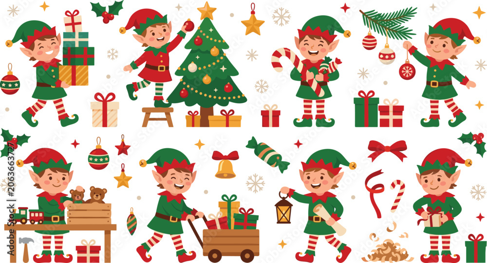 Fototapeta premium Cute Christmas Elf Vector Character Set with Santa Helpers, Holiday Trees, Gift Boxes, Toys, and Festive Winter Elements for Greeting Card Designs
