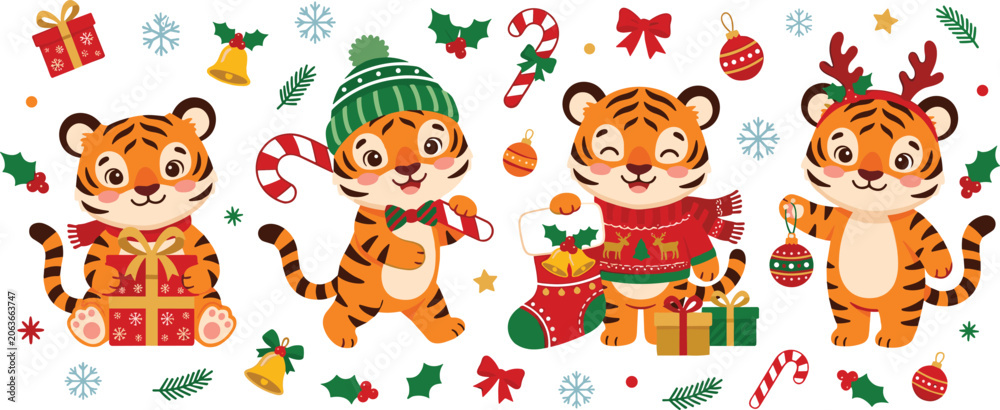 Obraz premium Cute Christmas Tiger Character Clipart Set with Festive Holiday Elements, Gift Boxes, Stocking, Candy Canes, and Snowflakes Vector Illustration