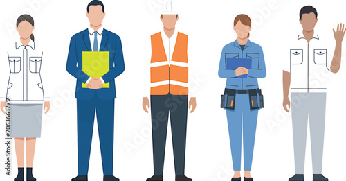 Illustration of five different professionals standing with various work attire