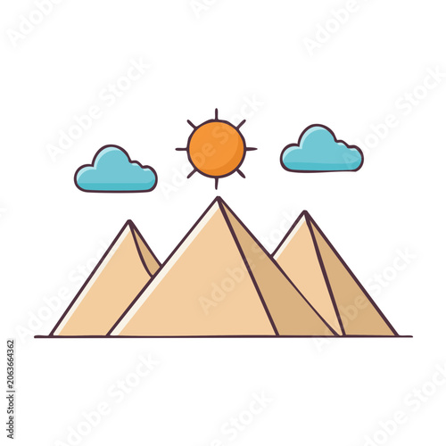 Flat design illustration of mountains with sun and clouds