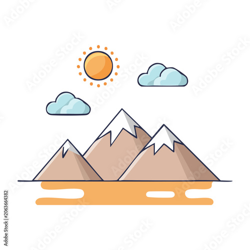 Flat design illustration of mountains with sun and clouds
