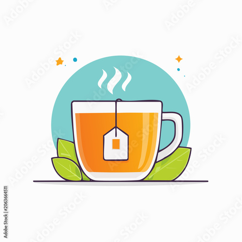 Steaming Cup of Tea with Tea Bag and Leaves