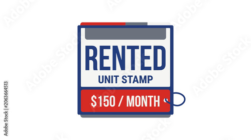 Blue and red rented unit stamp with monthly price.