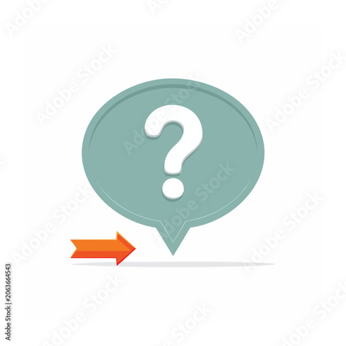 Teal speech bubble with question mark and orange arrow icon