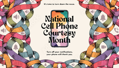 Tableau sur toile National cell phone courtesy month poster with colorful decorative ribbon border