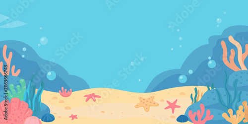 Underwater scene vector illustration with coral starfish and bubbles