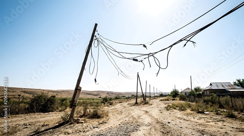 Leaning wooden electrical utility pole with sagging broken cables above dusty rural dirt road track under bright blue sky in desolate countryside landscape setting for infrastructure failure concept.