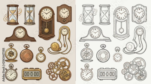Collection of vintage and modern timekeeping devices, including hourglasses, wall clocks, pocket watches, and digital timers, alongside intricate gears.