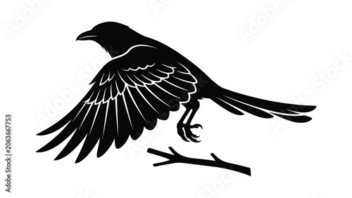 Εκτύπωση καμβά Crow silhouette descends upon a small wooden branch in this minimalist graphic design