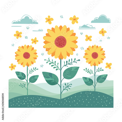 Flat vector illustration of sunflowers and clouds