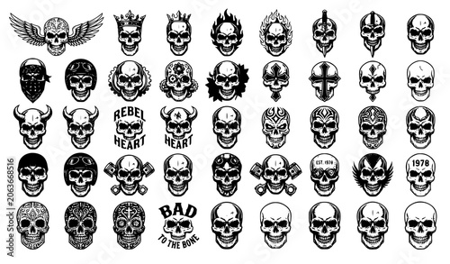 Obraz na plátně Large vector line art collection of gothic human skull emblems rebel biker and s