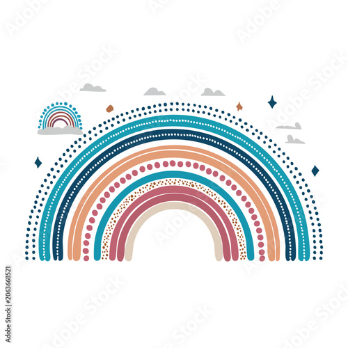 Hand Drawn Rainbow Illustration with Clouds and Stars