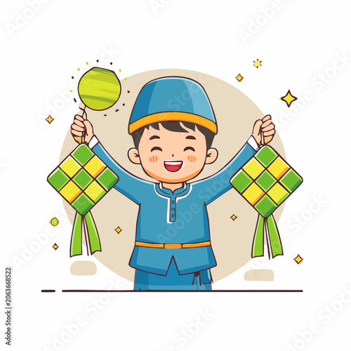 Happy Boy Holding Ketupat and Lantern for Eid Celebration
