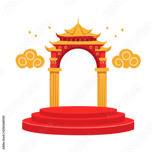Oriental gate illustration with clouds and ornaments