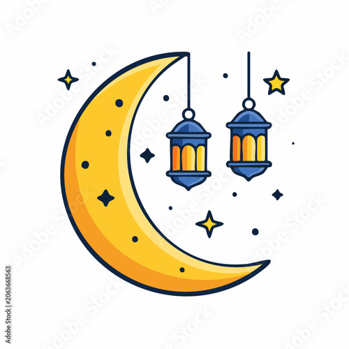 Ramadan Crescent Moon and Lanterns Illustration