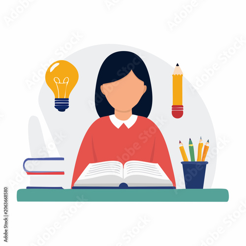 Student Studying with Books and Lightbulb