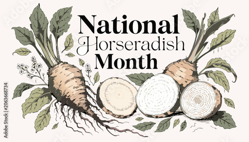 Bild auf Leinwand Decorative hand drawn illustration featuring fresh spicy horseradish root vegeta