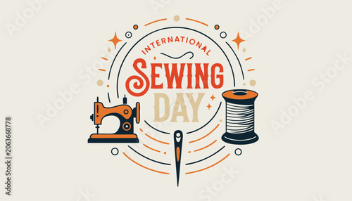 Obraz na plátně International sewing day emblem featuring a vintage machine and thread