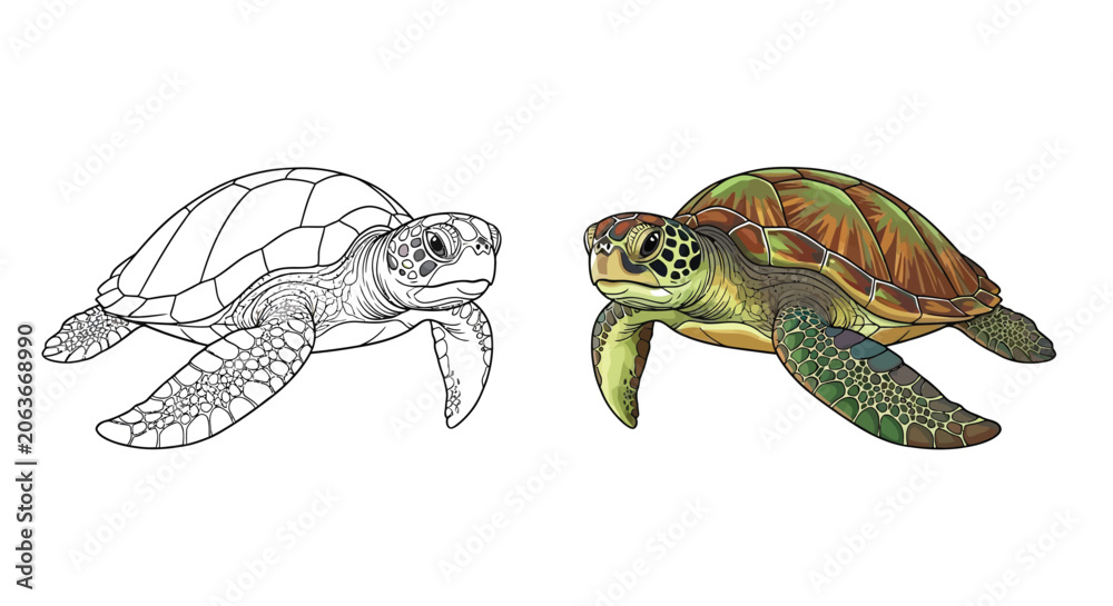 Fototapeta premium Two sea turtles displayed as a detailed black and white line art and colorful illustration