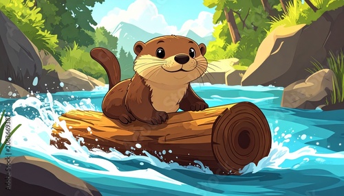 Otter sitting on a log in river.
