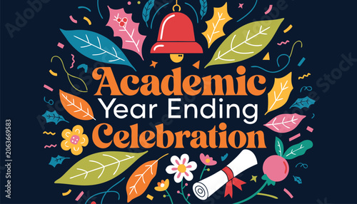 Fotografija Colorful academic year ending celebration poster with festive floral vector elem