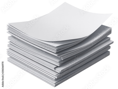 A large vertical stack of clean blank white printer paper sheets isolated on a plain background for office documentation and professional printing projects