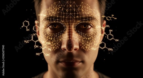 Digital facial recognition and chemistry symbols on a man face profile