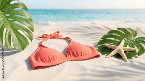 National Bikini Day coral bikini top on white sand with monstera leaves and starfish summer beach vacation swimwear fashion body positivity leisure tropical sun 
