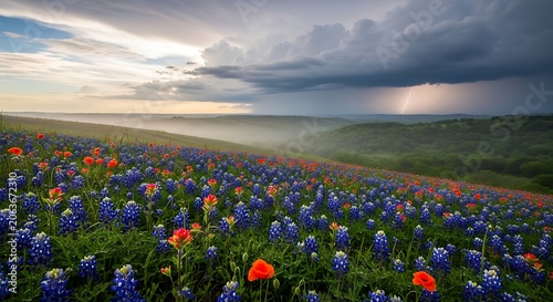 Vibrant Texas Bluebonnets and Indian Paintbrush Wildflowers under Stormy Sunset Sky.