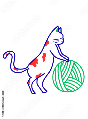Blue and Red Color Cat Playing with Green Yarn Ball