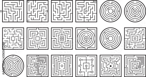 Geometric maze puzzle game collection with square and circular labyrinths for kids education logic brainstorming vector elements set